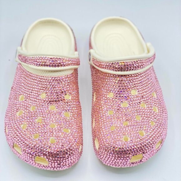 Shoes - Bling PINK Rhinestones Studded Customized in White Clogs Adults